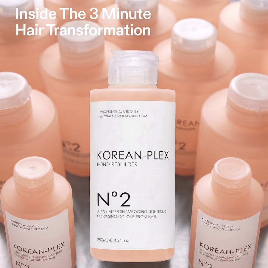 A bottle of Korean-Plex Bond Rebuilder N°2 hair developer centered among multiple matching bottles, with promotional text reading 'Inside The 3 Minute Hair Transformation' and a small Olaplex logo at the bottom left.
